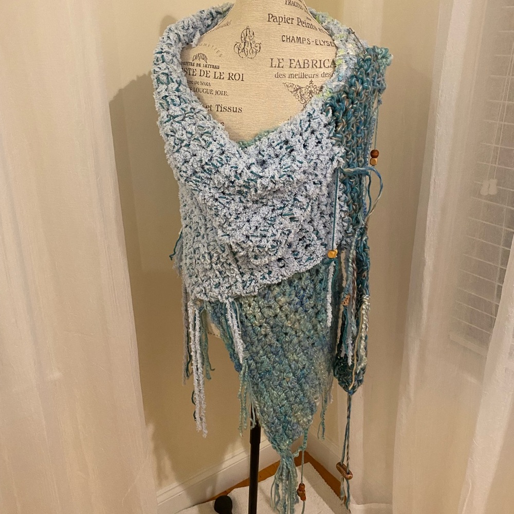 Handcrafted Knitted Blue and Green Super Soft Large Wrap Scarf